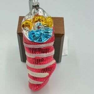 Vintage West Germany Blown Glass Mica Red White striped Stocking Ornament 6"